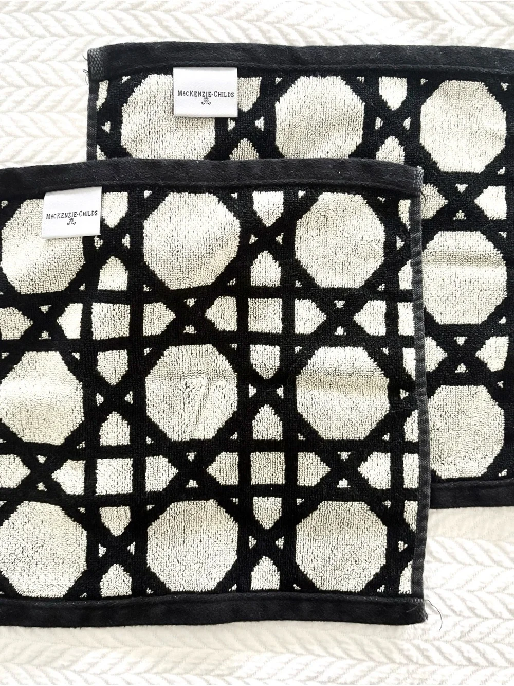 Mackenzie Childs Set of 2 Washcloths Trellis black and white pattern Brand NEW!